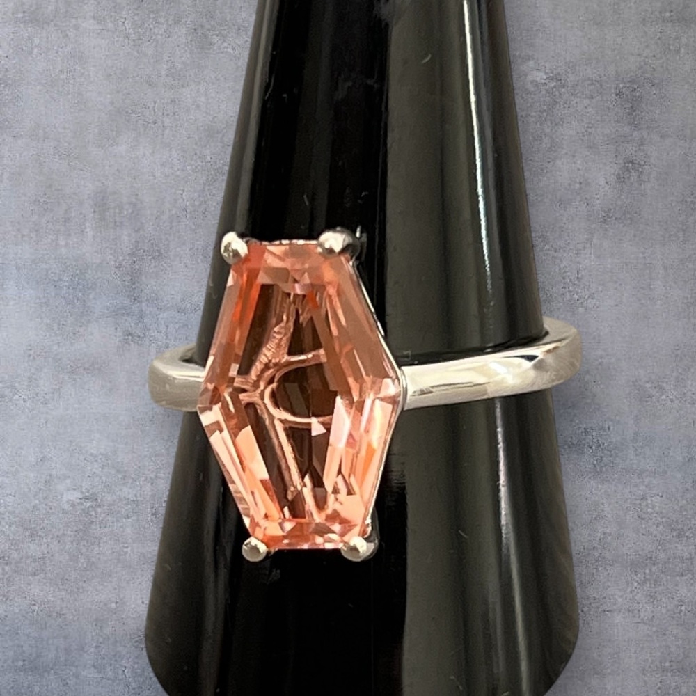 Large Morganite stone ring size 10, platinum over Djoy silver
